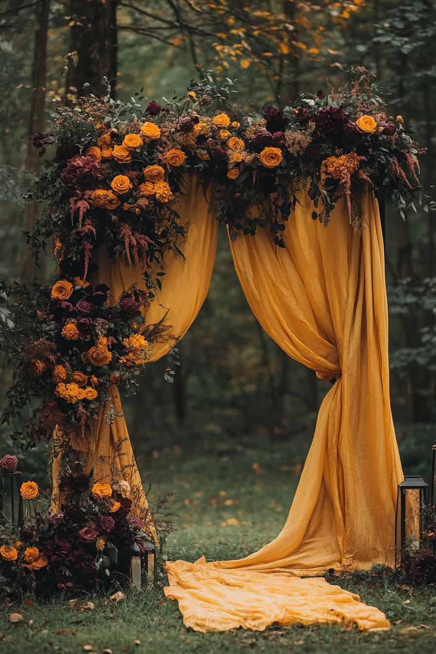 Altar com panos em cor mostarde e arranjos florais na mesma cor