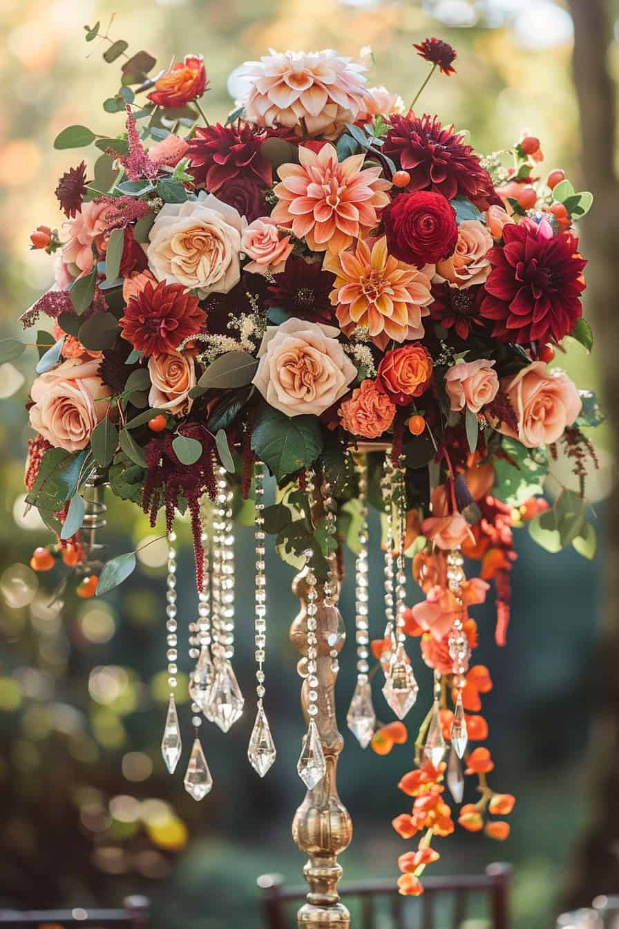 Arranjo floras em vaso com cascata de cristais em volta