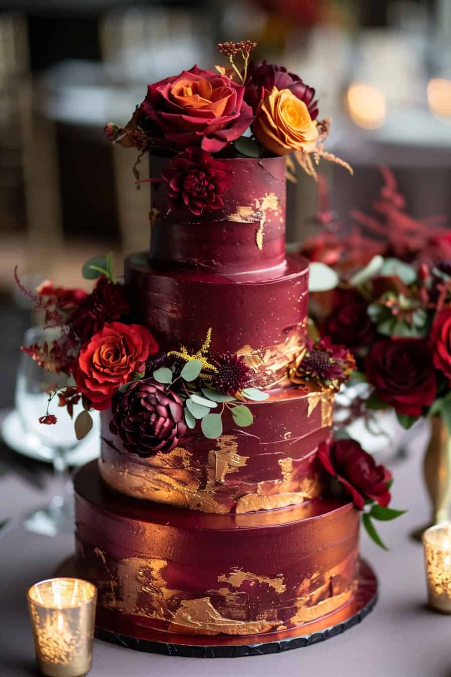 Bolo de quatro andares com flores, na cor marsala com detalhes em dourado