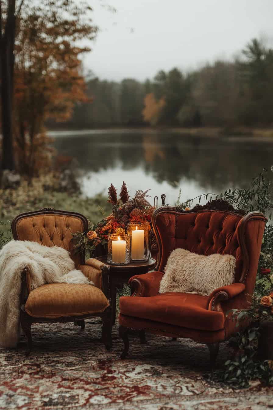 Duas poltronas, uma mostarda e outra bordô. Uma mesa de canto com velas em cima e almofada em uma poltrona e na outra uma manta de pêlo