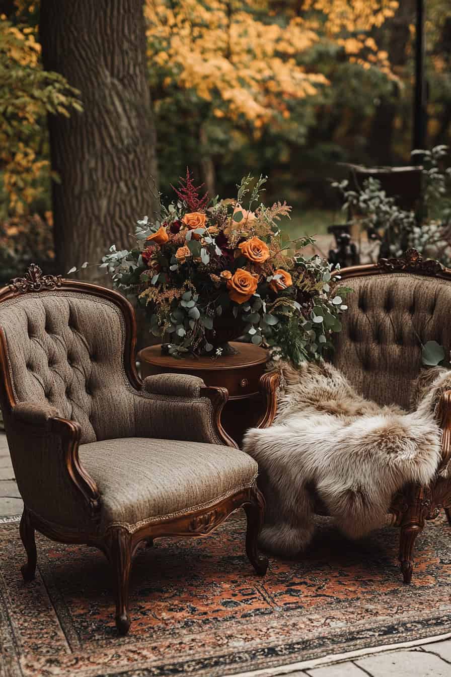 Poltronas em marrom com uma mesa de canto e um arranjo flora em cima. Em uma das poltronas há uma mandar de pêlos