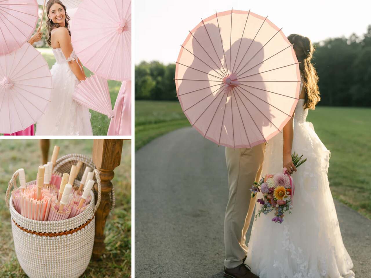 Detalhes de guarda-sóis delicados em tons de rosa, compondo um cenário romântico e funcional para fotos de casamento ao ar livre.