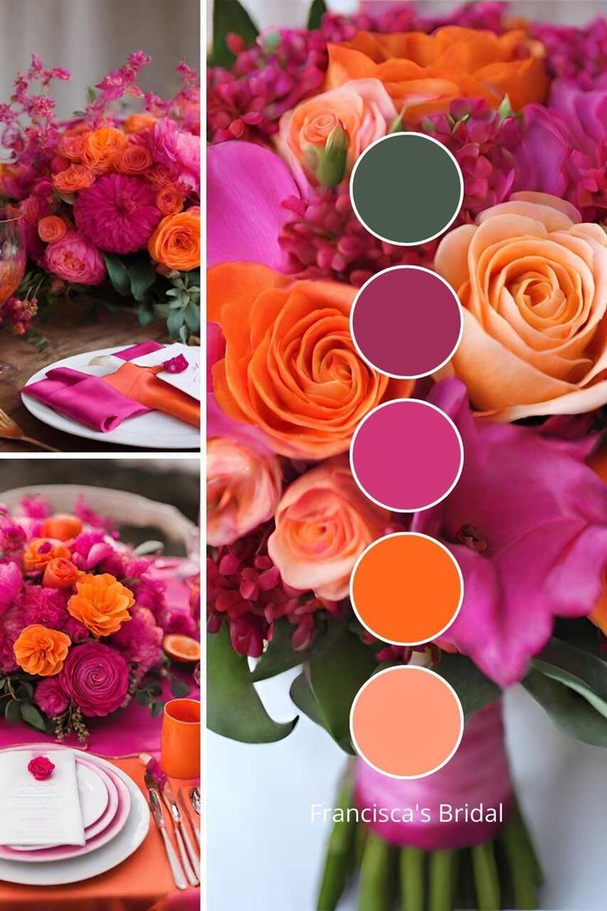 Paleta de cores vibrantes em tons de laranja, rosa e coral, com arranjos florais tropicais em mesas de casamento, destacando flores exóticas e detalhes decorativos.