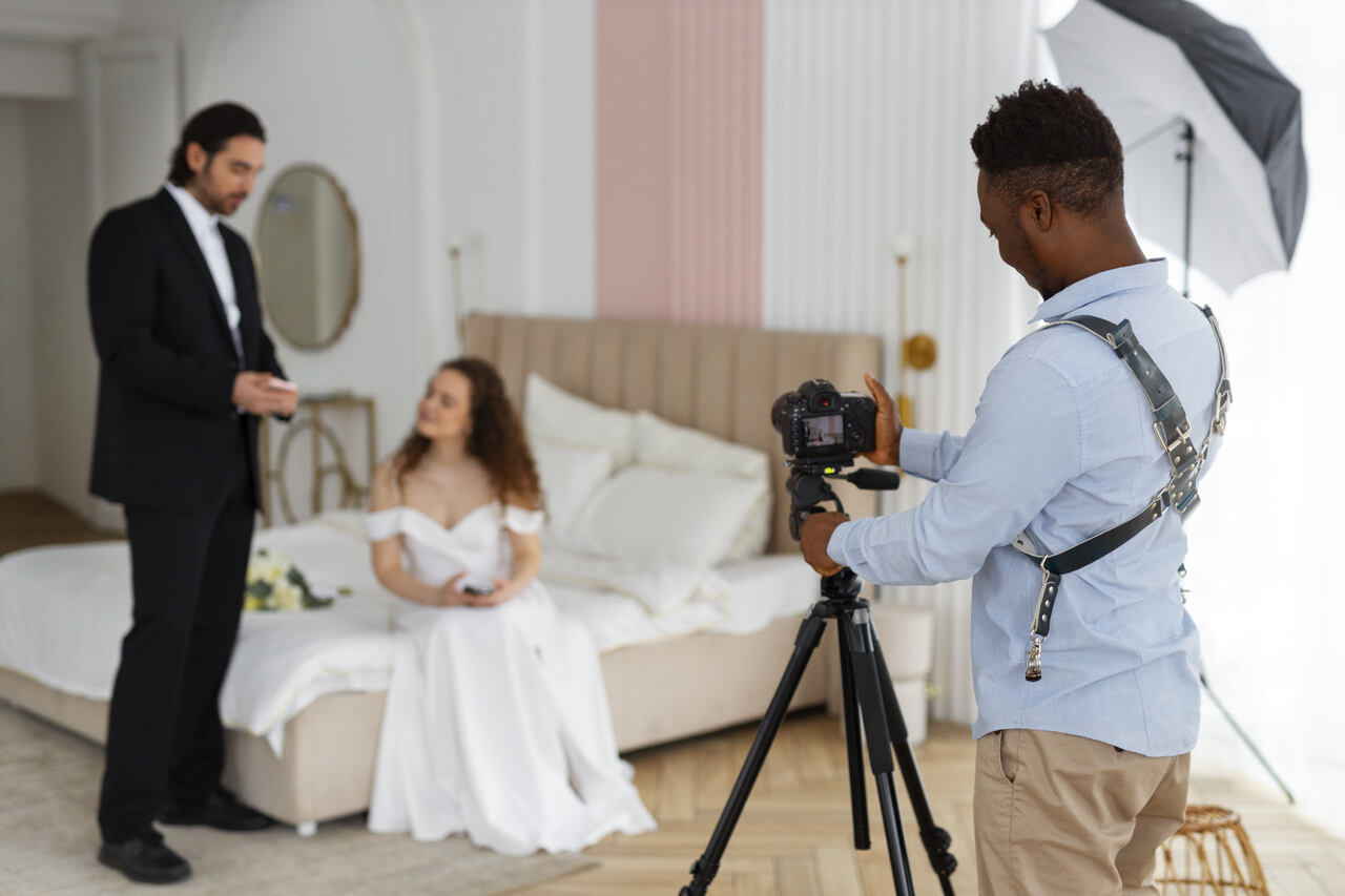 Filmaker capturando momentos de um casal em um ambiente elegante, com a noiva sentada na cama e o noivo em pé