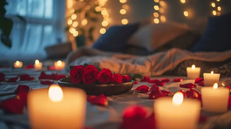 cama preparada com rosas para noite de núpcias