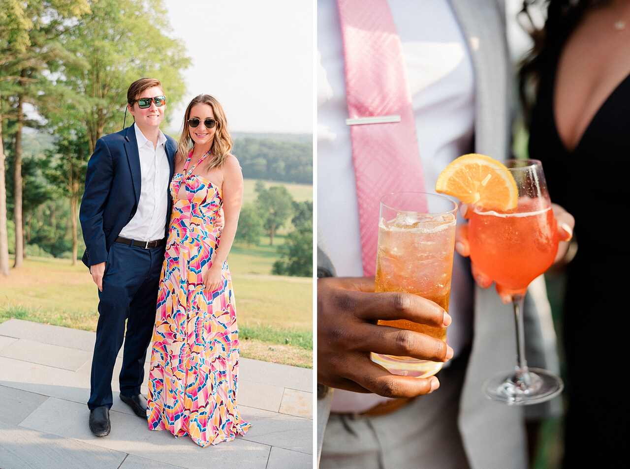 Casal elegante posando em um gramado, com a mulher em um vestido estampado vibrante e o homem de terno, ao lado de uma imagem de drinks refrescantes em mãos de convidados.