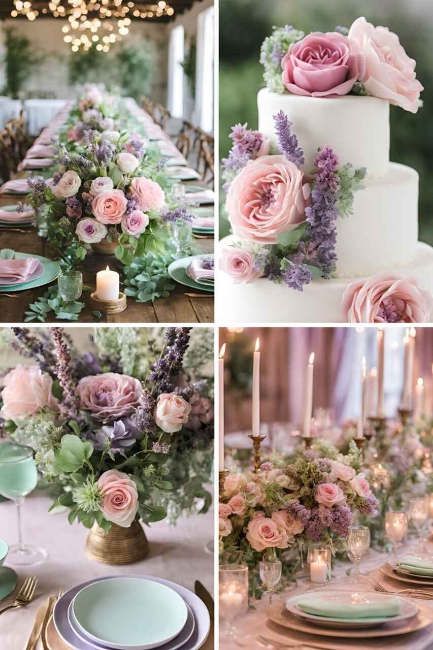 Mesa de casamento decorada com flores em tons pastel, louças elegantes e detalhes como velas e arranjos florais delicados.