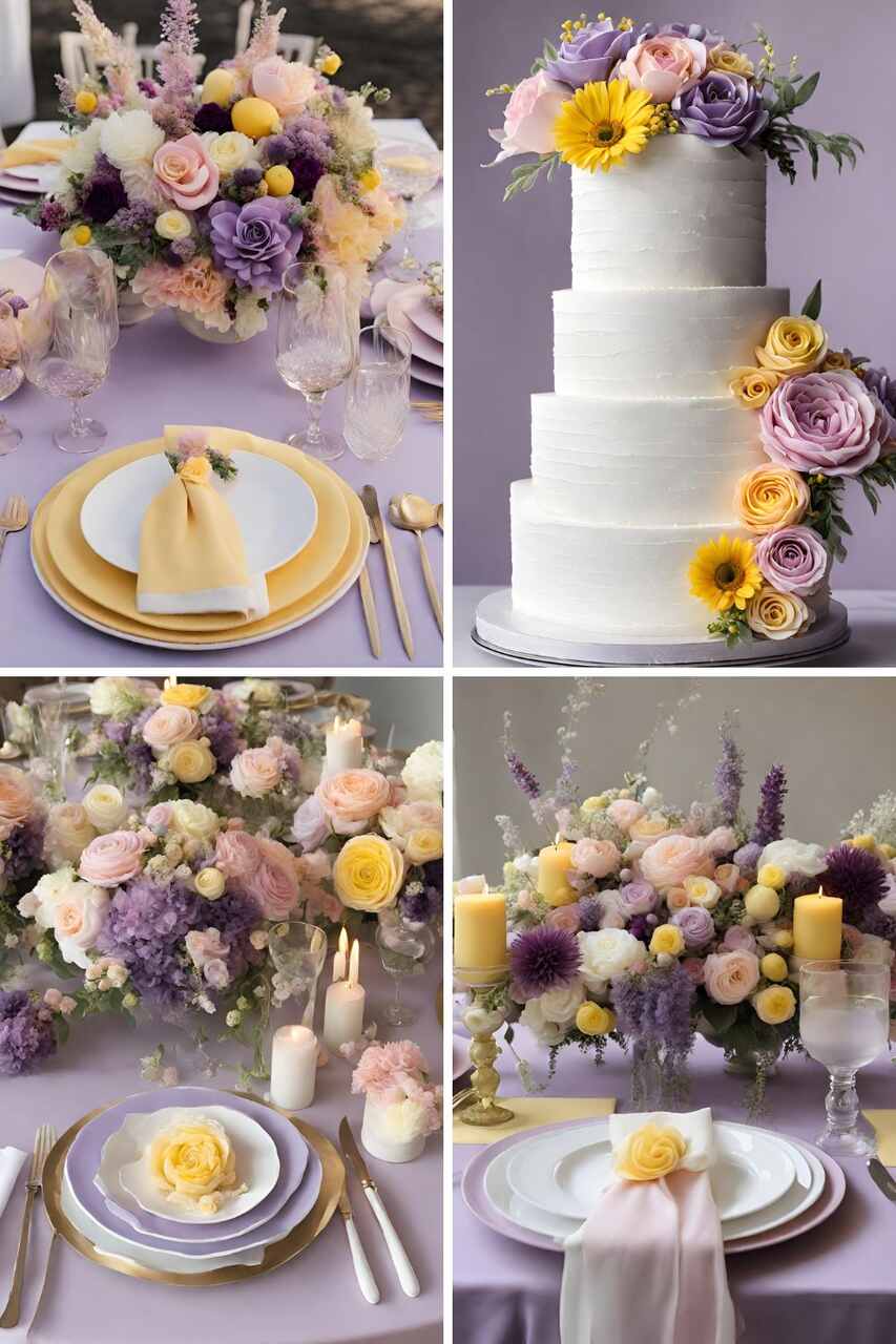 Decoração de casamento com flores em tons de lavanda, rosa e amarelo suave, incluindo bolo decorado e arranjos detalhados.