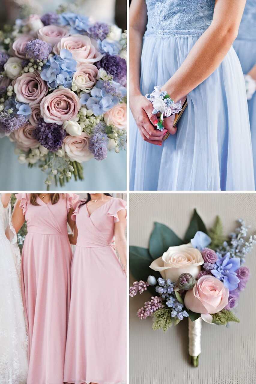 Trajes e acessórios para casamento em tons pastel, com vestidos das madrinhas e buquês