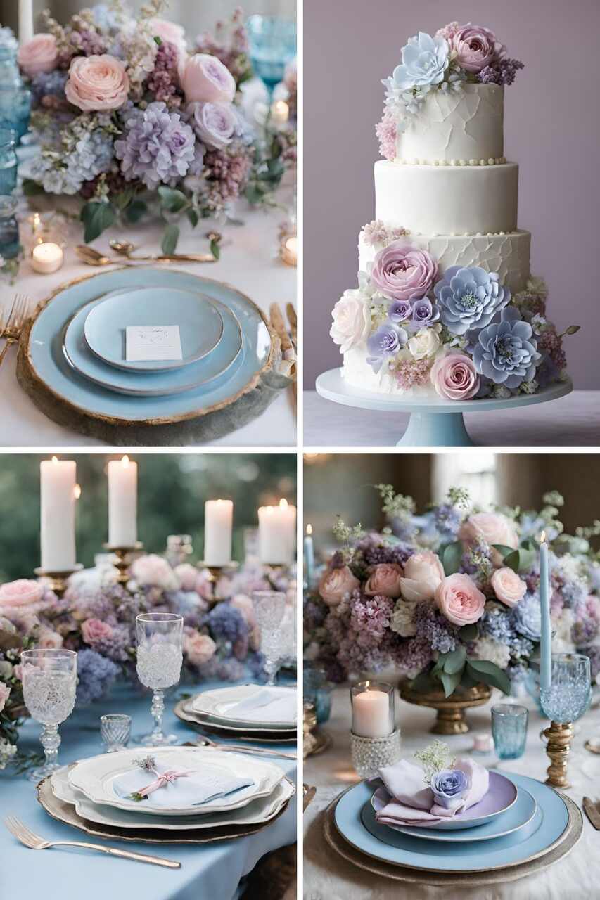 Mesa de casamento com louças azuis e arranjos florais em tons pastel