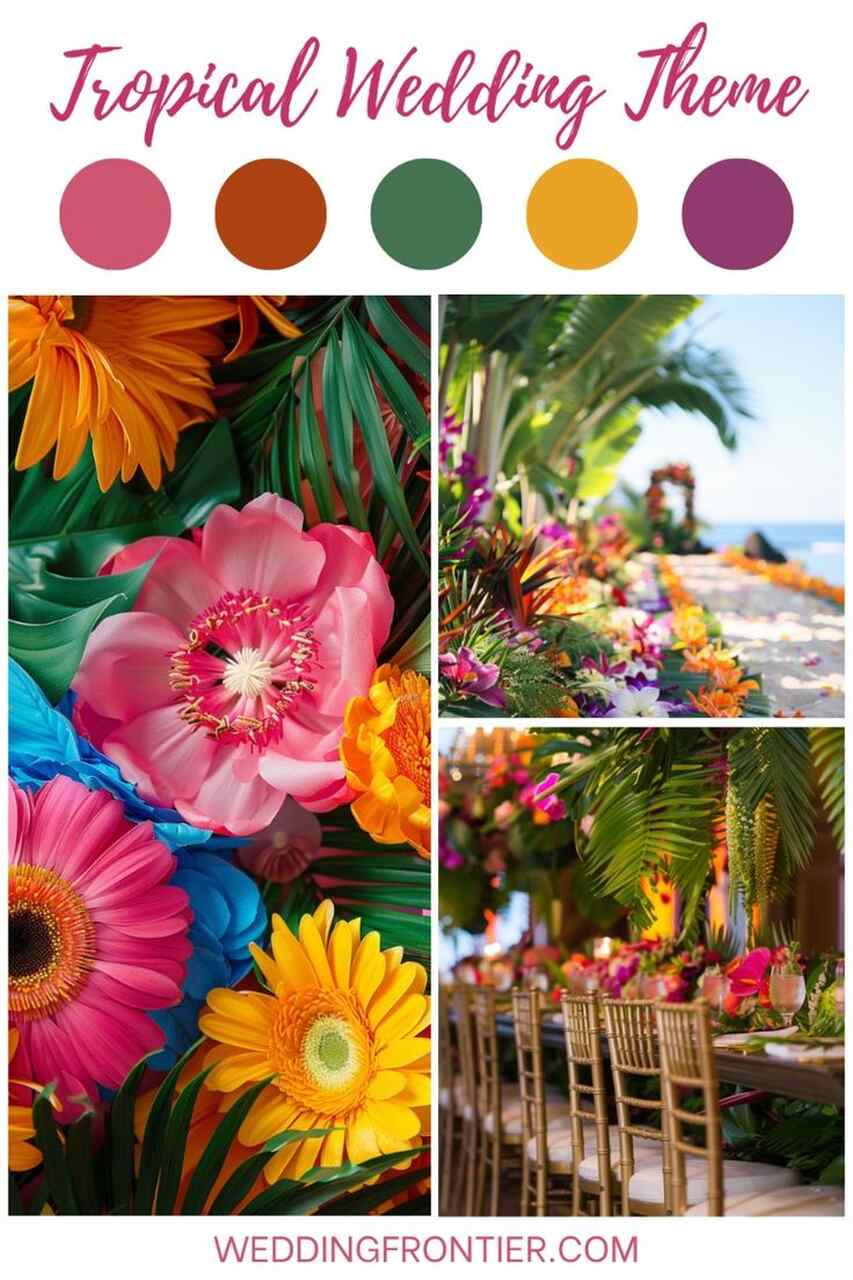 Inspiração para casamento tropical com flores coloridas, mesas decoradas ao ar livre e uma paleta de cores em tons quentes e vibrantes