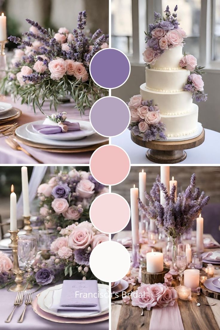 Paleta de cores para casamento enfatizando as cores roxo, lilás, rosa, rosa claro e branco