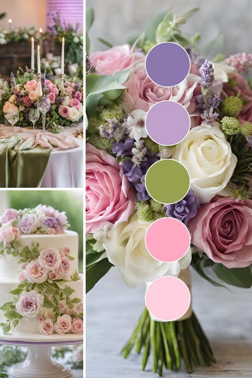 Paleta de cores para casamento enfatizando as cores roxo, lilás, verde musgo, rosa e rosa claro.