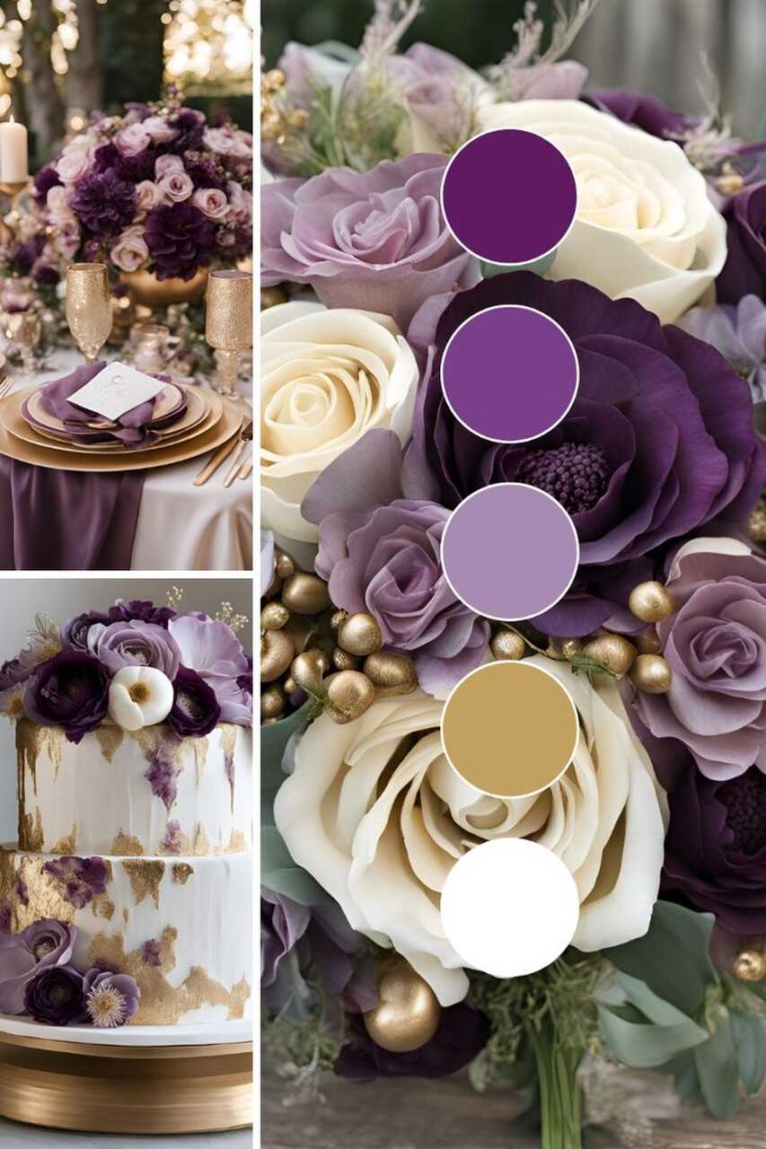 Paleta de cores para casamento enfatizando as cores roxo, violeta, lilás, dourado e branco