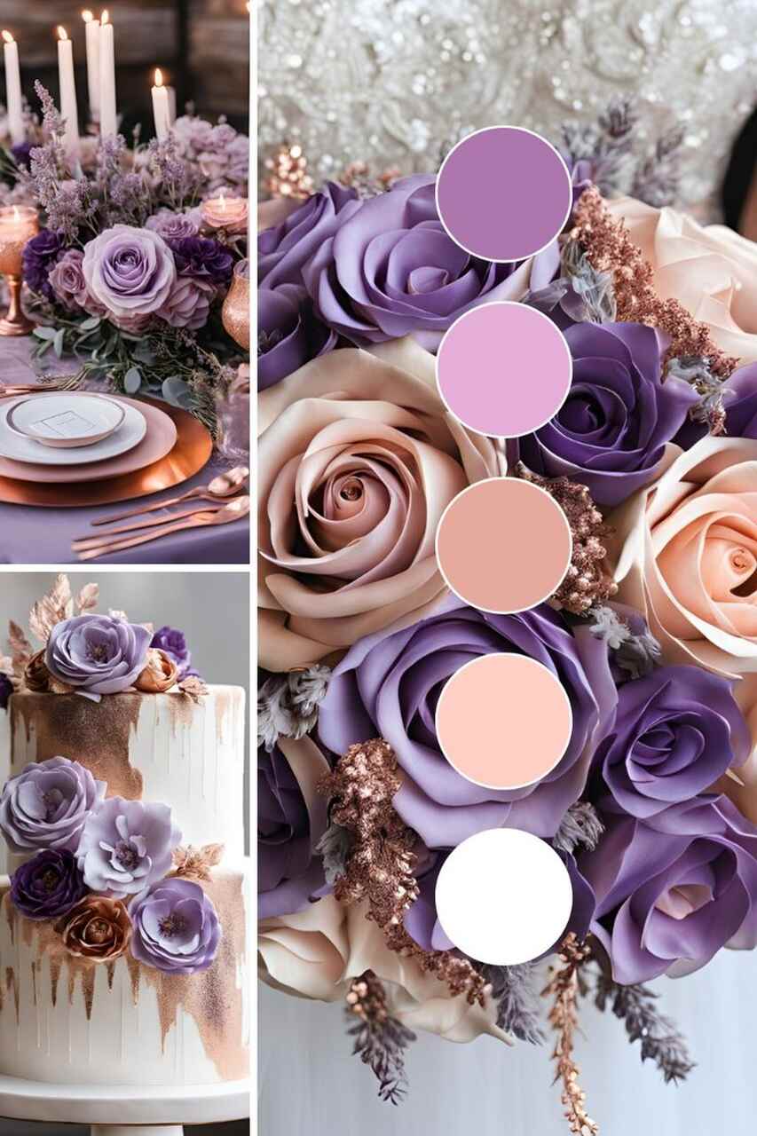 Paleta de cores para casamento enfatizando as cores lilás, rosa, rosê, rosa claro e branco