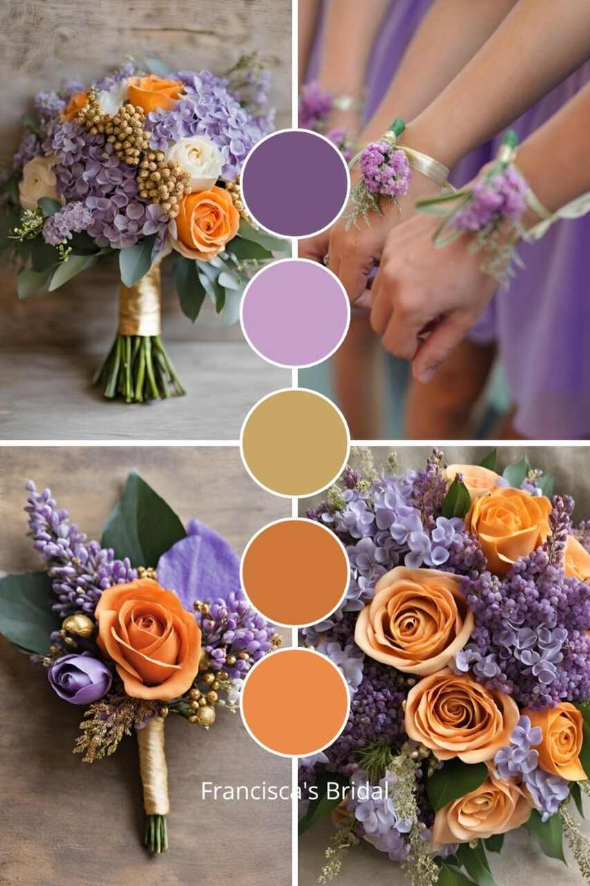 Paleta de cores para casamento enfatizando as cores roxo, lilás, dourado, terracota e laranja.