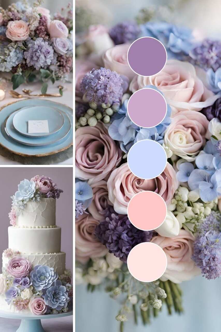 Paleta de cores para casamento enfatizando as cores roxo, lilás, azul claro, rosa e rosa claro