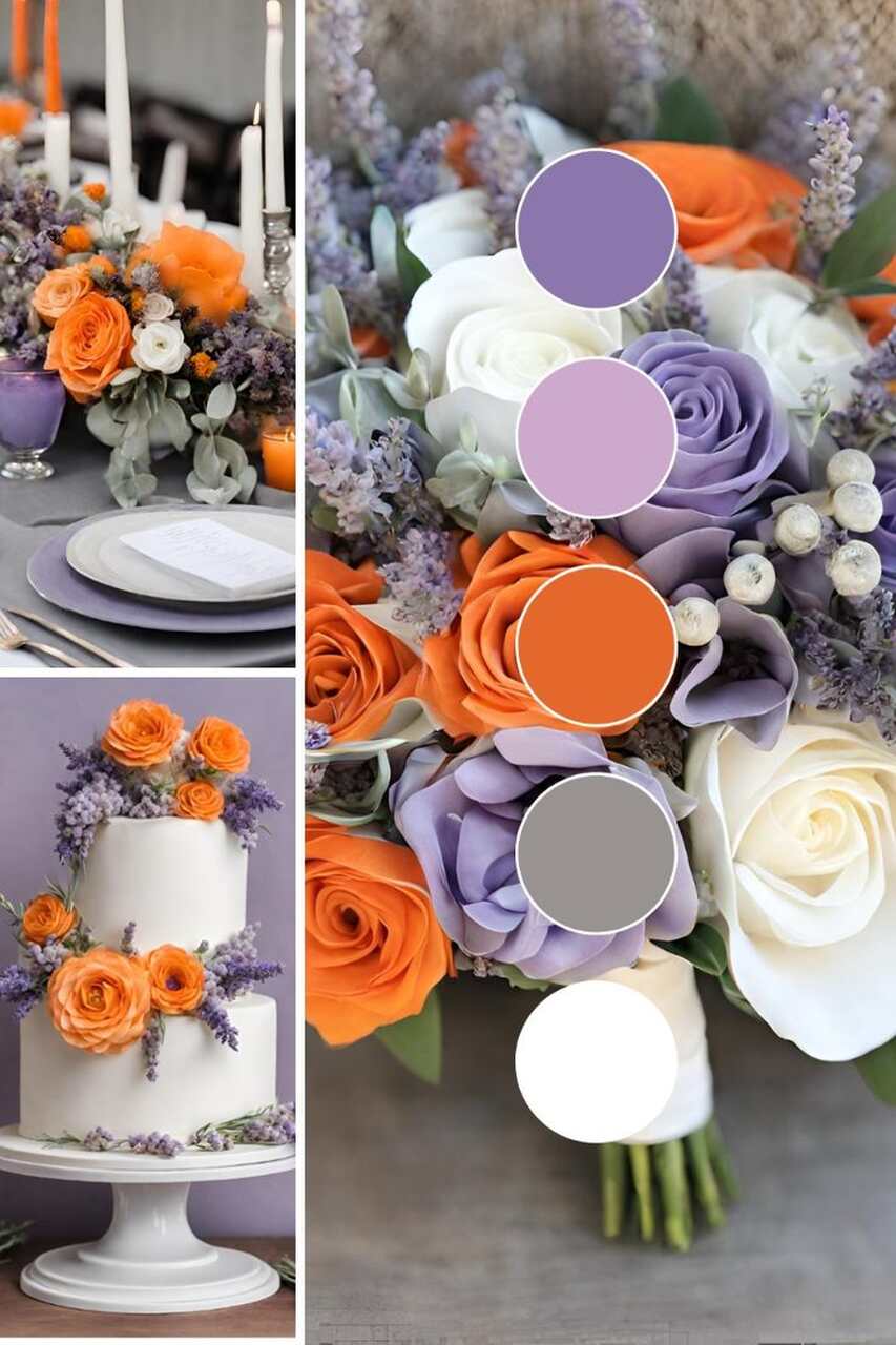 Paleta de cores para casamento enfatizando as cores roxo, lilás, laranja, cinza e branco