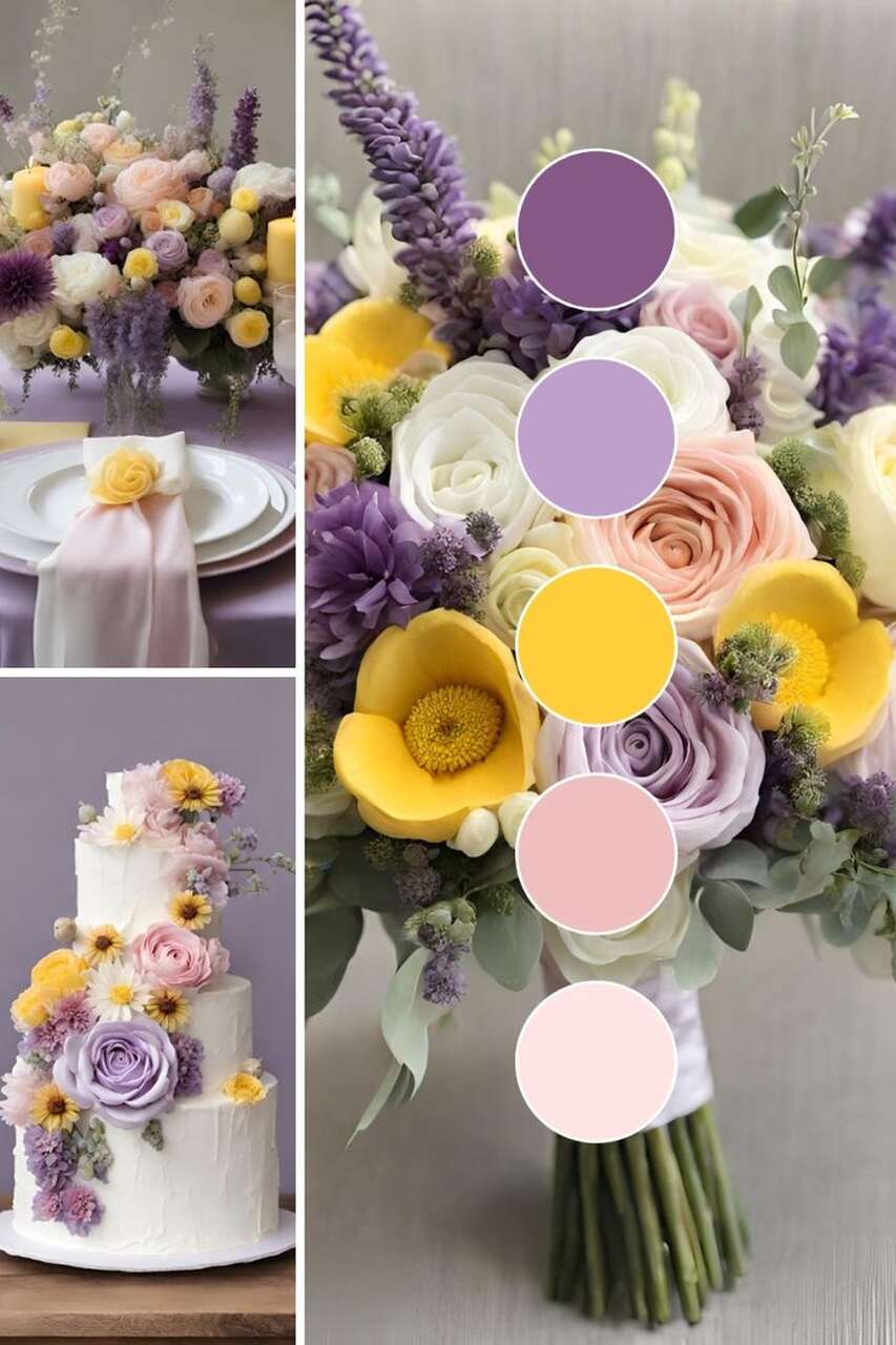 Paleta de cores para casamento enfatizando as cores roxo, lilás, amarelo, rosa e rosa claro.