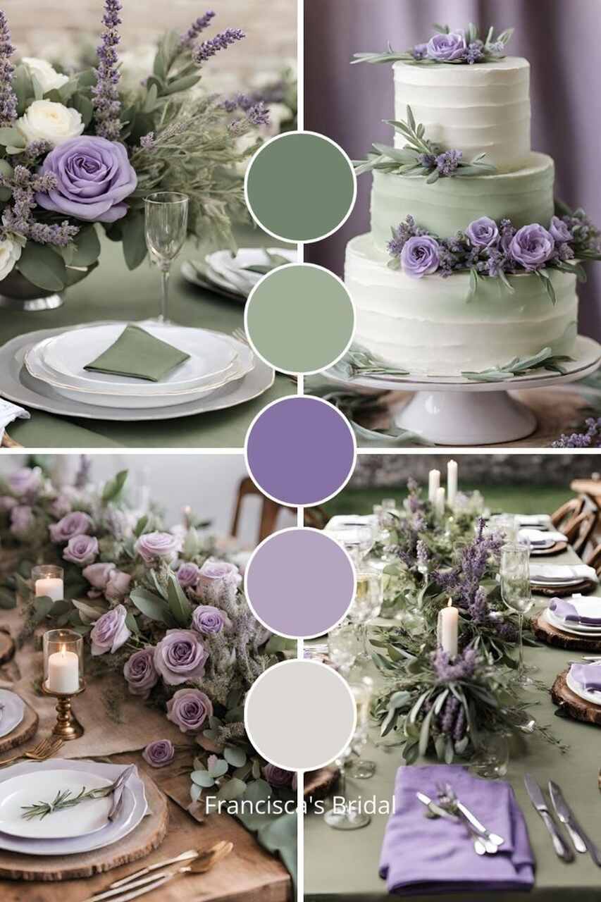 Paleta de cores para casamento enfatizando as cores verde musgo, verde pastel, roxo, lilás e creme