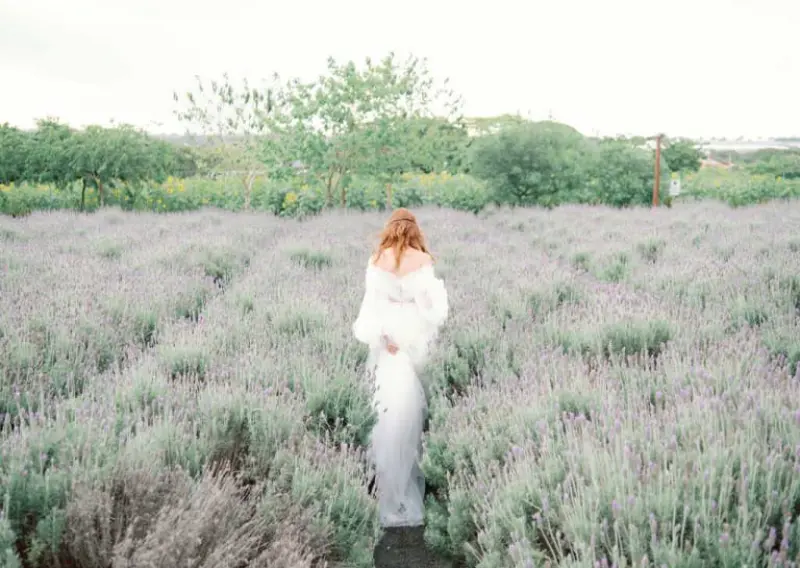 noiva em campo de lavanda