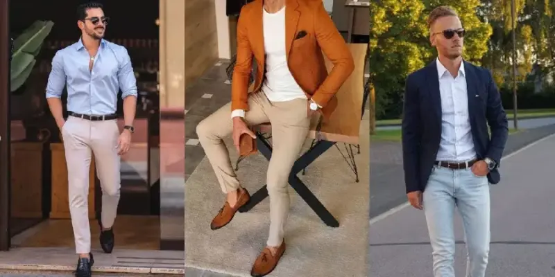 moda esporte fino masculino com trio de imagens de homens com diferentes trajes