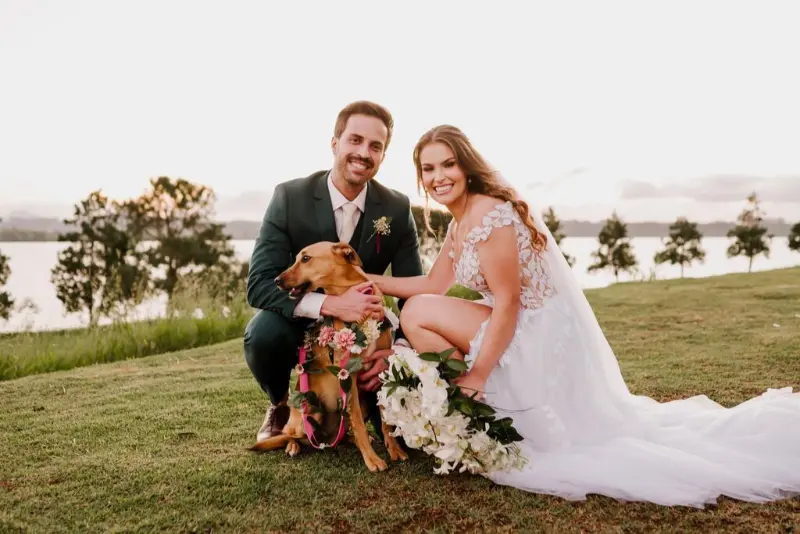 noivos com pet em casamento ao ar livre