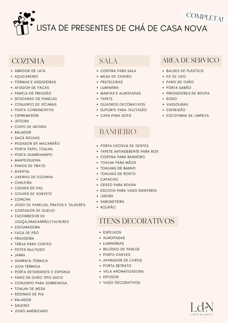 lista completa de chá de casa nova