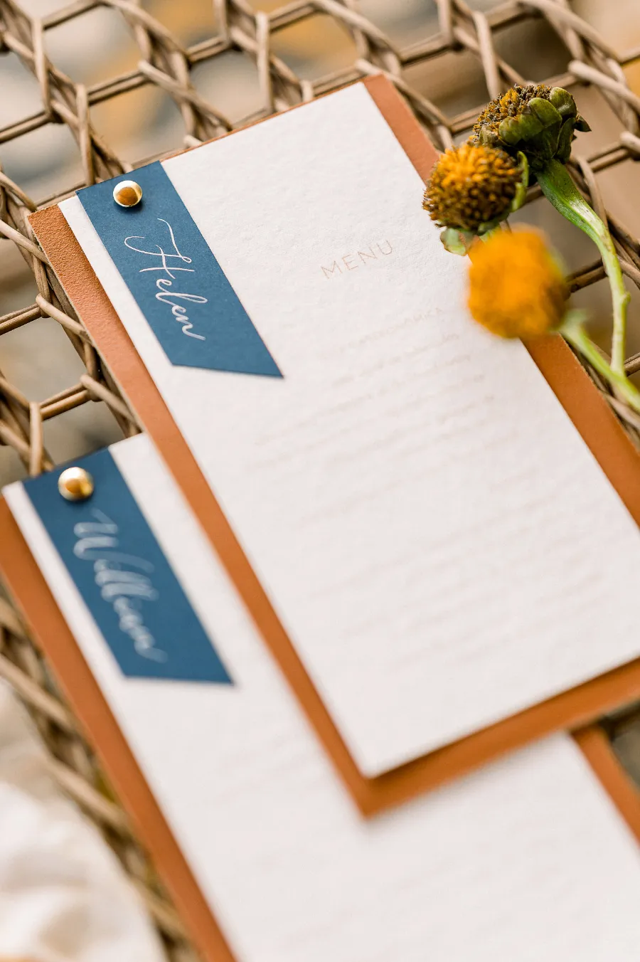 menu de casamento azul e marrom