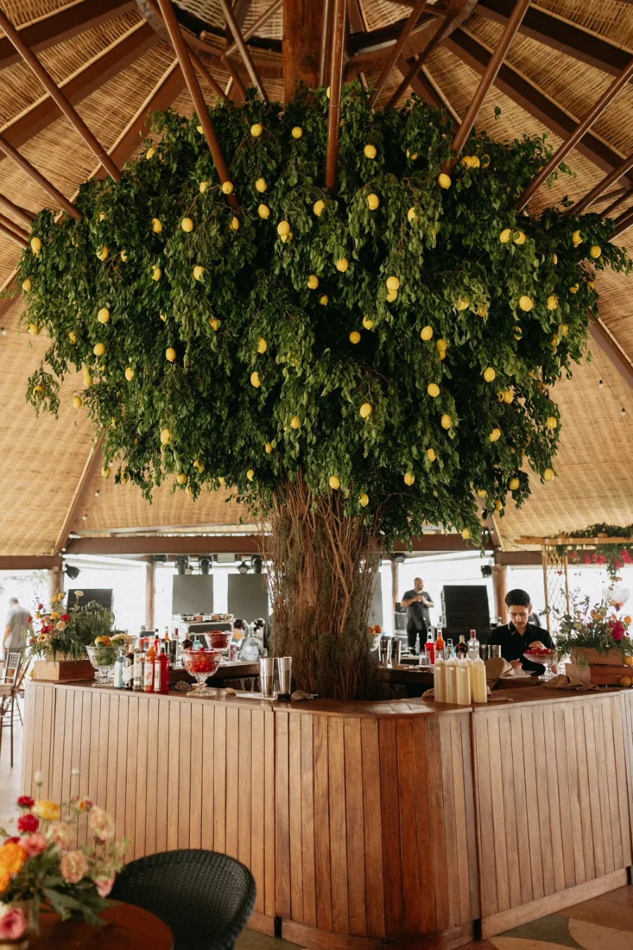 bar de drinks decorado com árvore