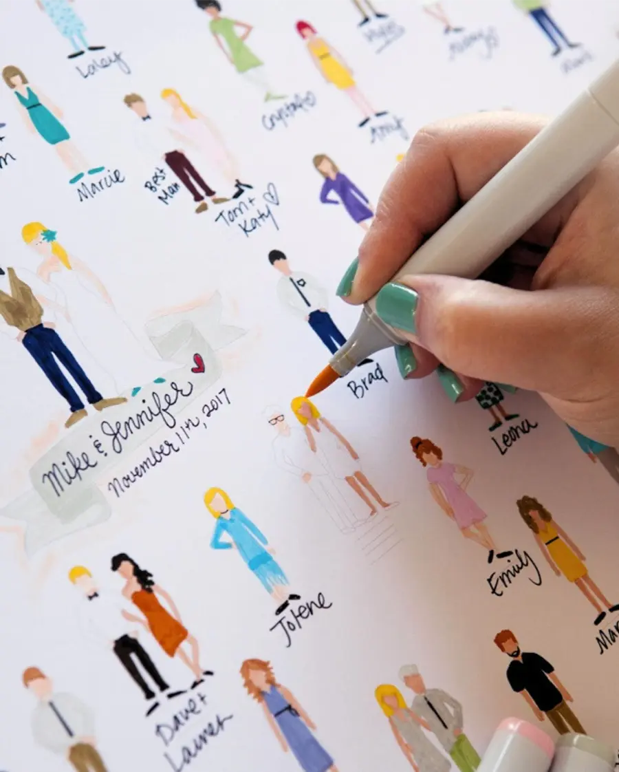 Papel com ilustrações de convidados, onde alguém está colorindo e escrevendo nomes.