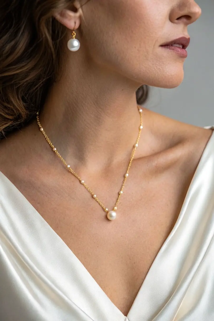 Mulher vestindo um vestido de cetim branco, usando um colar dourado com pequenas pérolas e uma pérola central maior, combinado com um brinco de pérola pendente