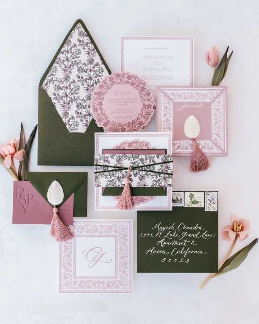 convite e papelaria de casamento rosa e verde musgo