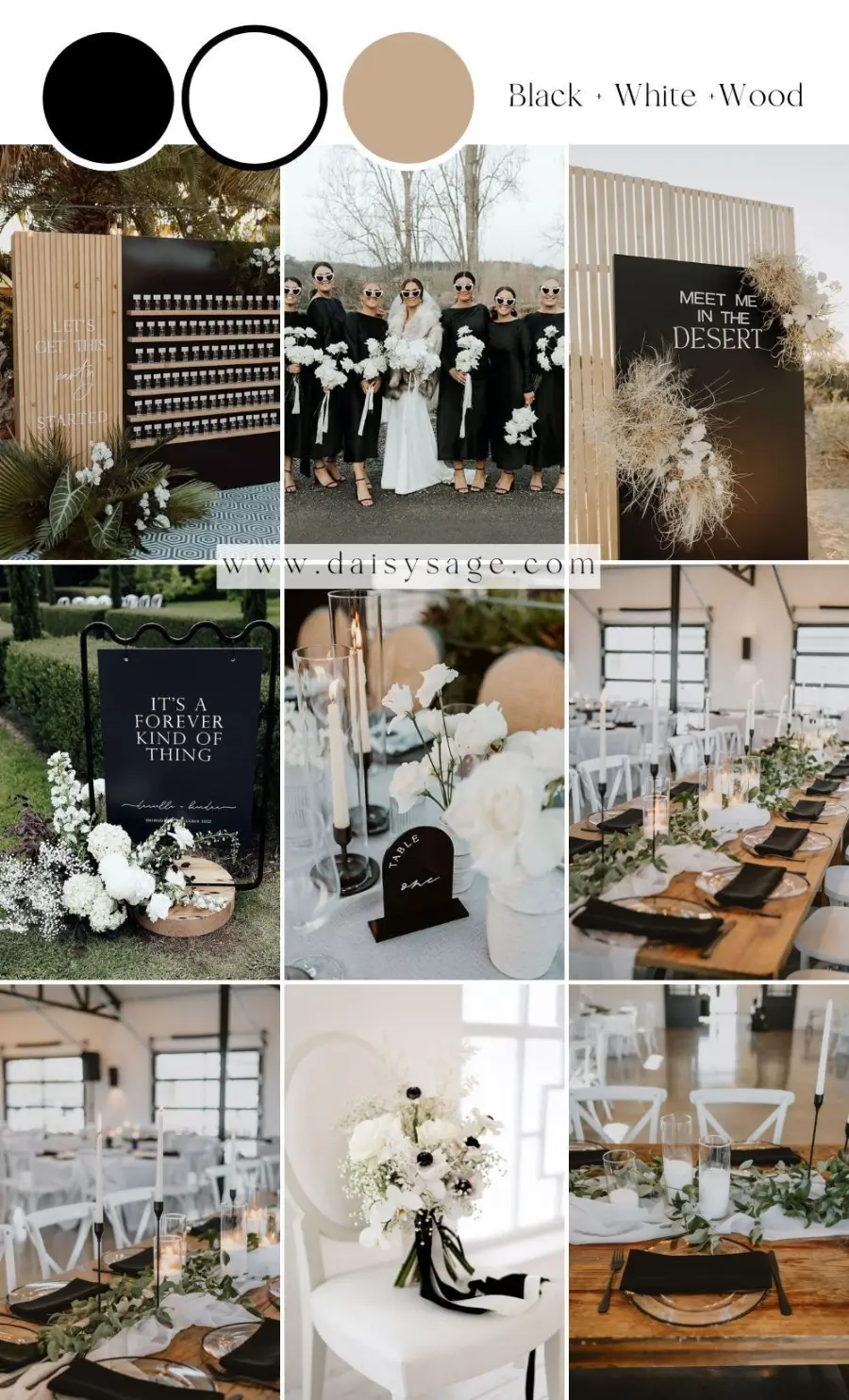 Mood board casamento preto branco e madeira com inspira&ccedil;&otilde;es decora&ccedil;&atilde;o e paleta cores