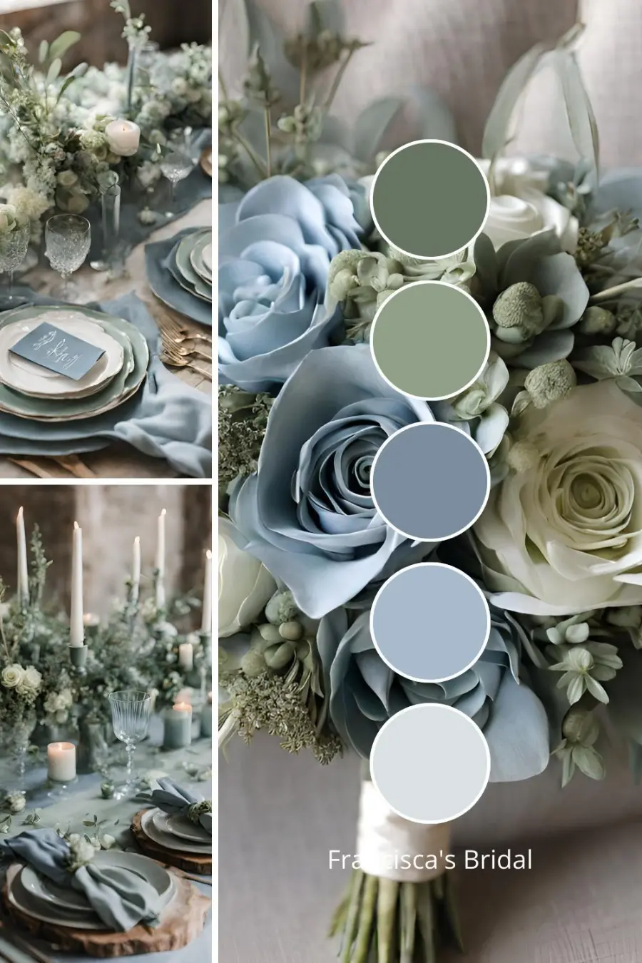 Paleta de cores para casamento azul serenity com arranjos florais azuis e verdes em mesa posta elegante.