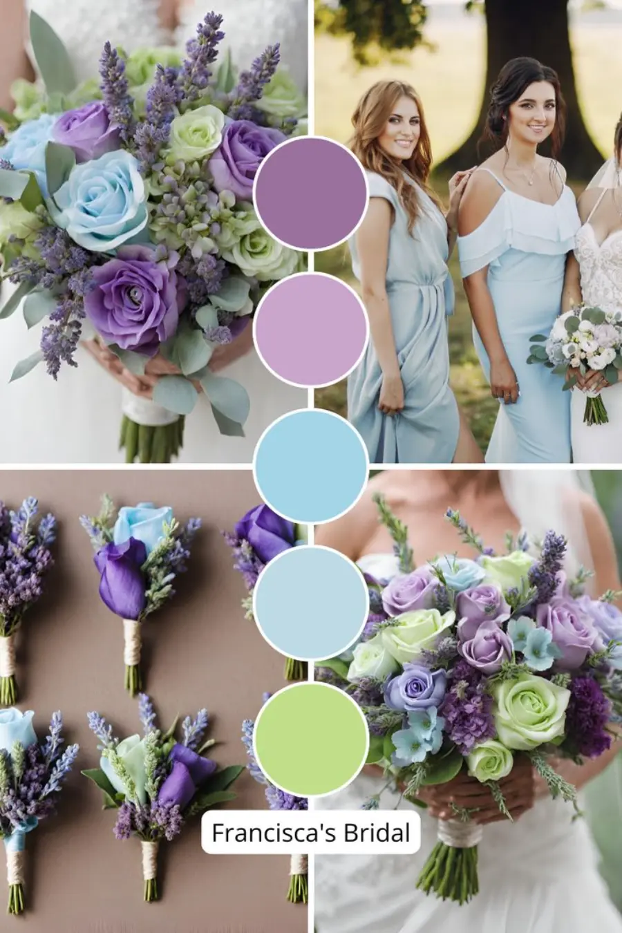 Combina&ccedil;&atilde;o de azul serenity com tons de lil&aacute;s e lavanda em buqu&ecirc;s de noiva e madrinhas vestidas em azul claro.