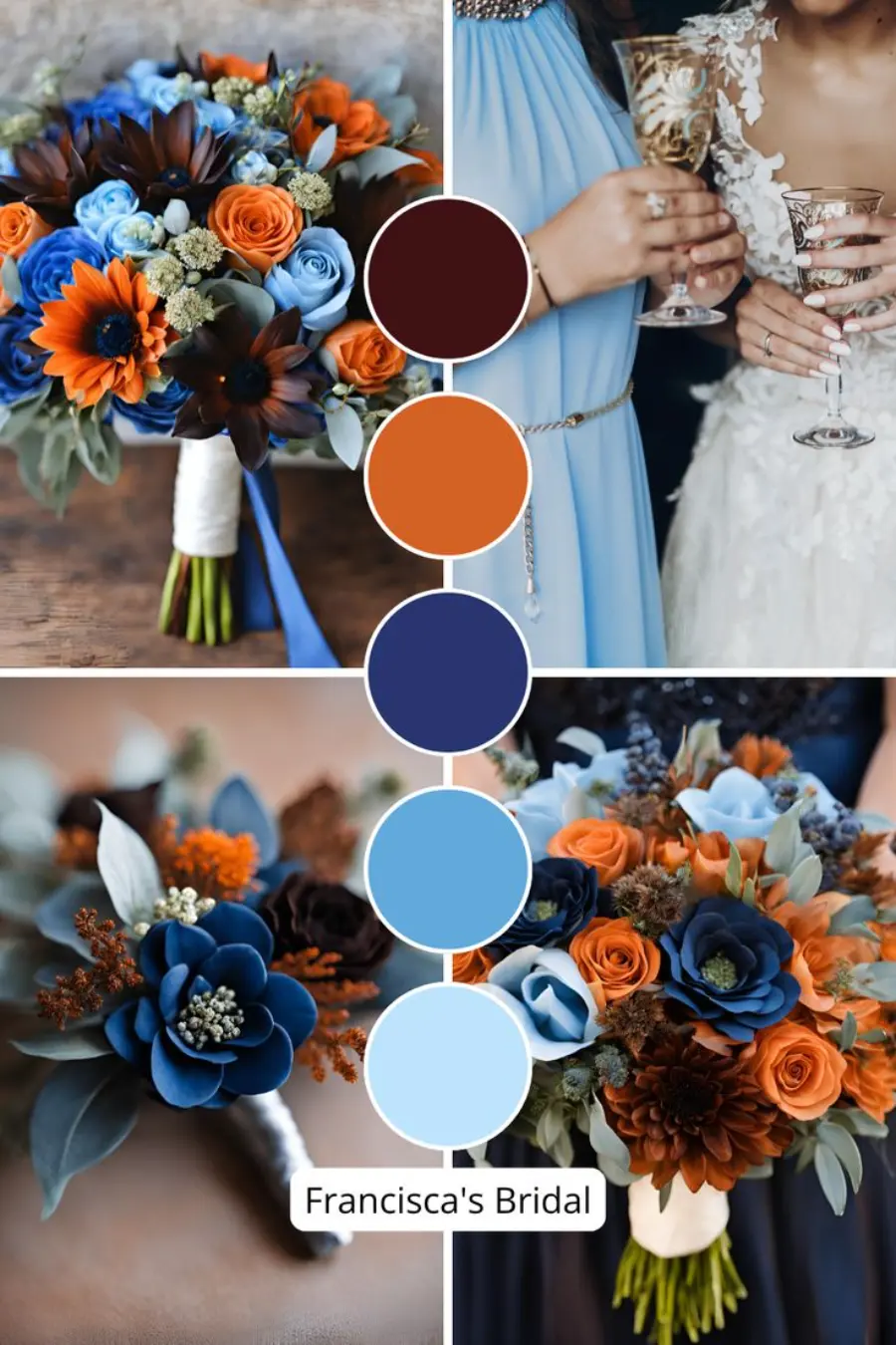 Buqu&ecirc;s de casamento em azul serenity e laranja queimado, combina&ccedil;&atilde;o vibrante para decora&ccedil;&atilde;o e trajes de festa.
