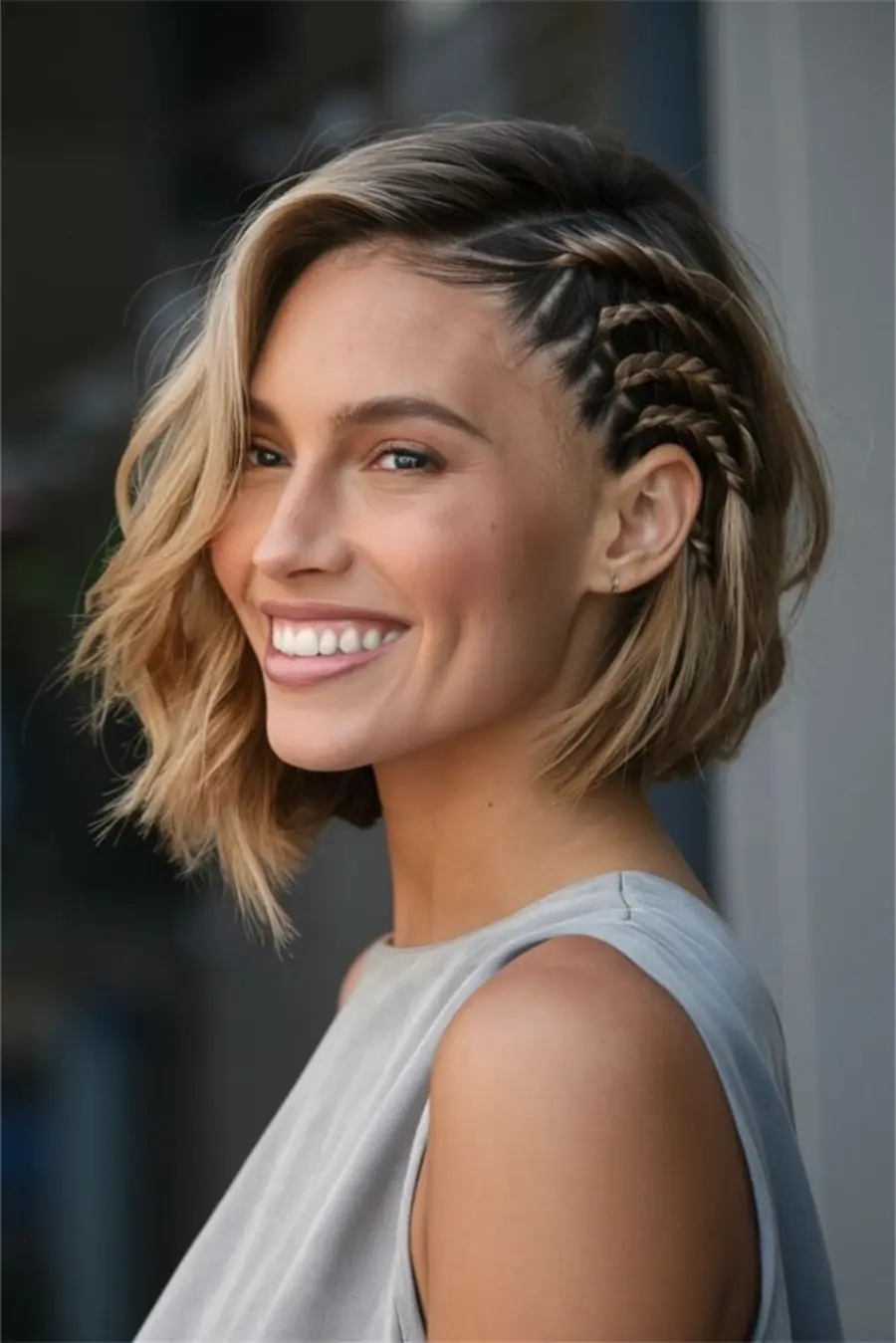 Mulher sorridente com corte de cabelo curto e moderno, com tranças embutidas laterais e ondas soltas no restante.