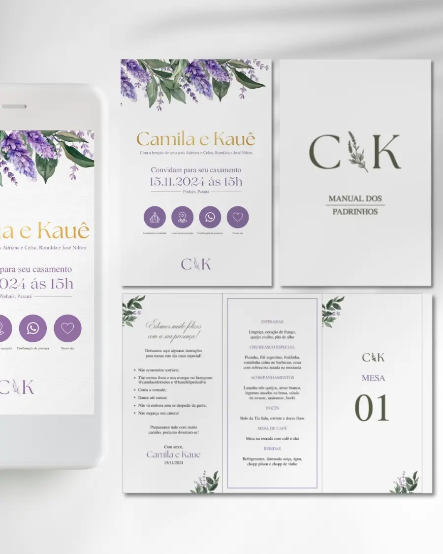 Conjunto de papelaria de casamento com convites, menu e manual dos padrinhos em tons de lilás e verde.