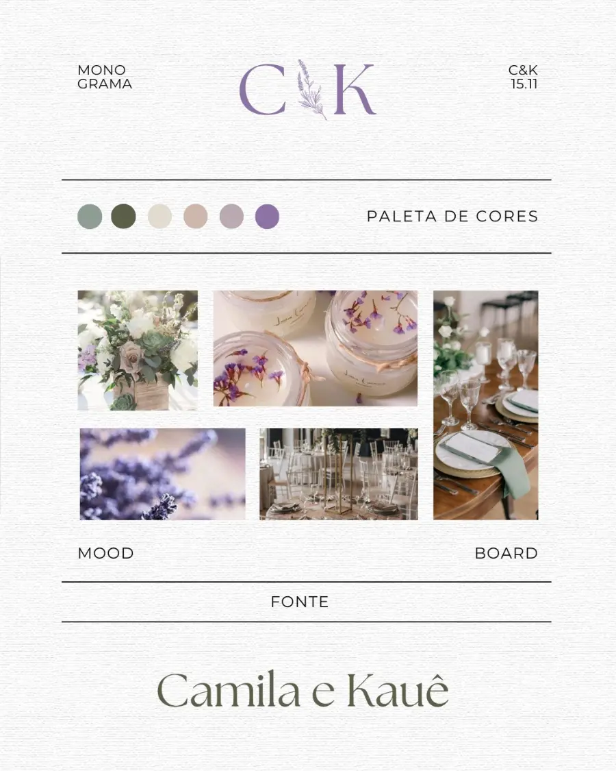 Painel de moodboard com paleta de cores e referências de decoração em roxo, lilás e verde para casamento.