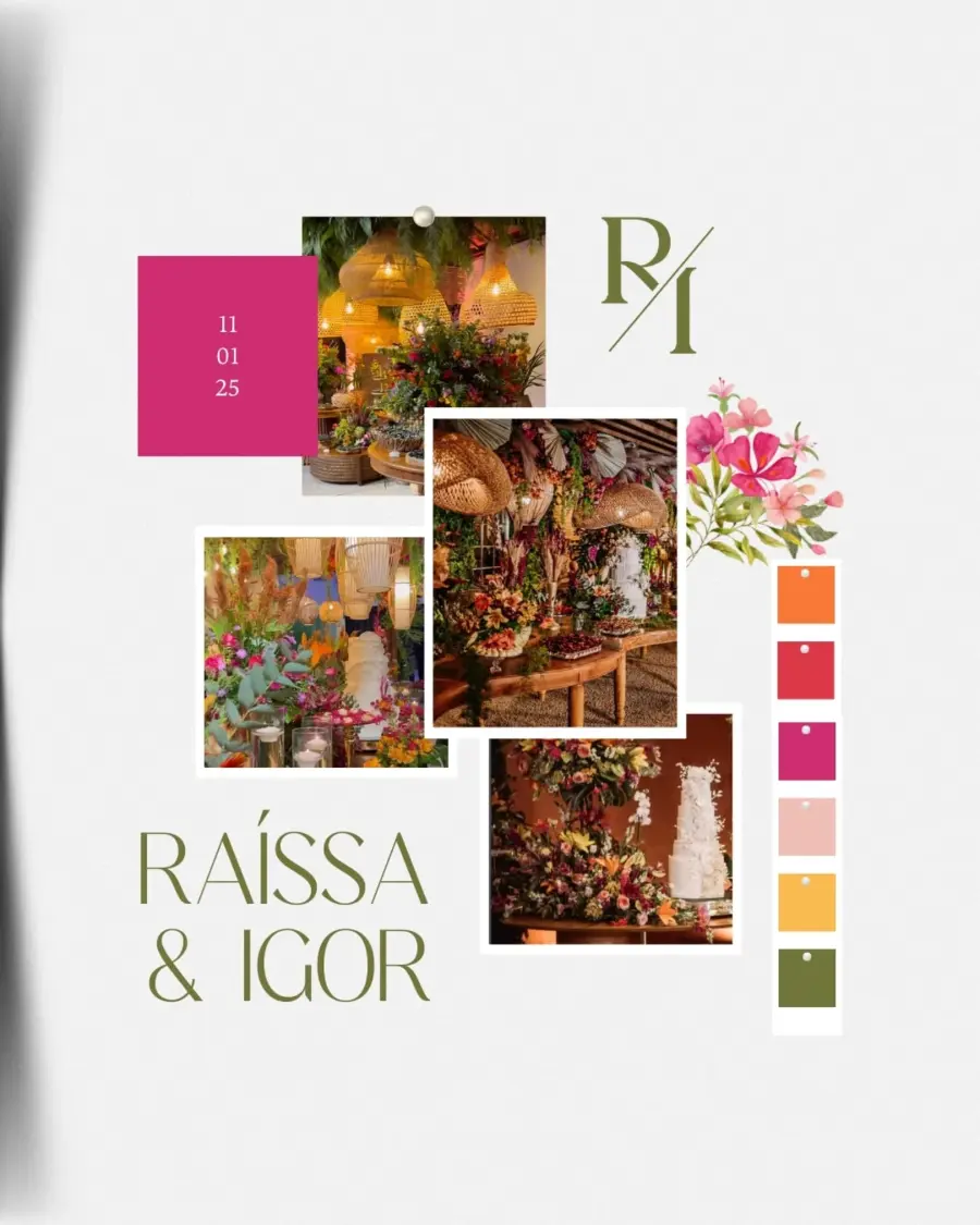Painel de identidade visual para casamento com monograma, paleta de cores vibrantes e fotos de decoração floral tropical assinada para Raíssa e Igor.