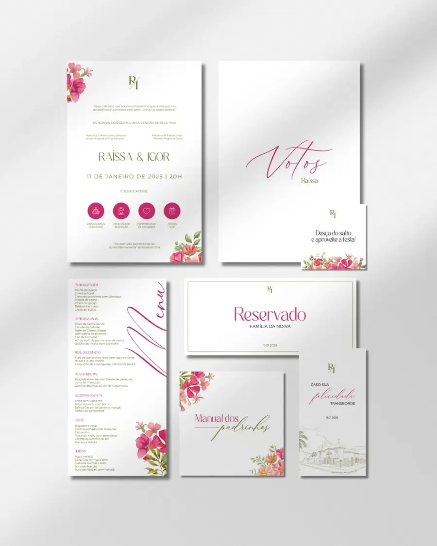 Conjunto de papelaria de casamento com design floral rosa, incluindo convite, votos, menu, manual dos padrinhos, reservado e cartão informativo.