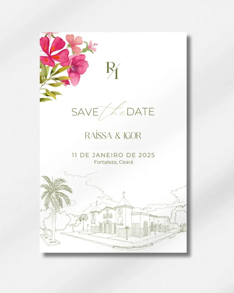 Convite save the date floral em tons de rosa, com ilustração da igreja do local do casamento e nomes dos noivos Raíssa e Igor.