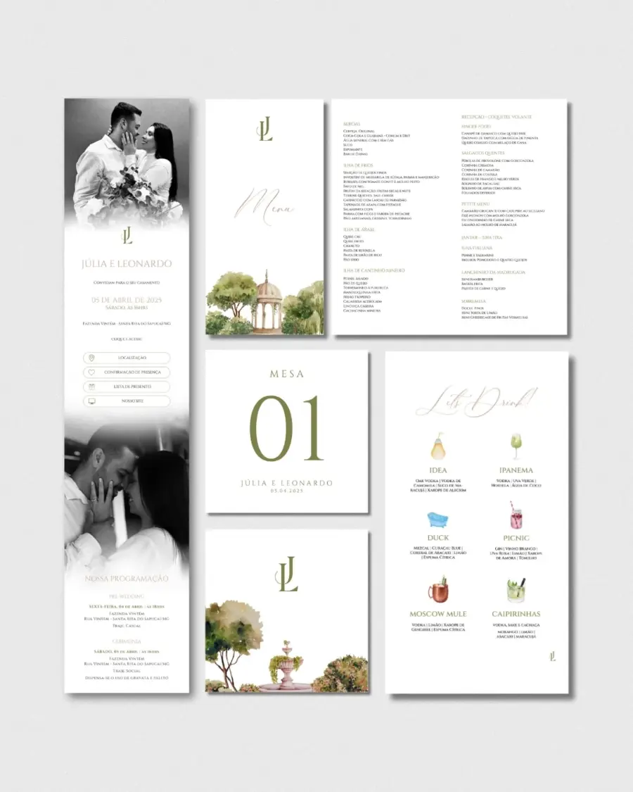 Conjunto de identidade visual para casamento em estilo clássico com convites, cardápio, lista de drinks e número de mesa personalizados em branco e verde.