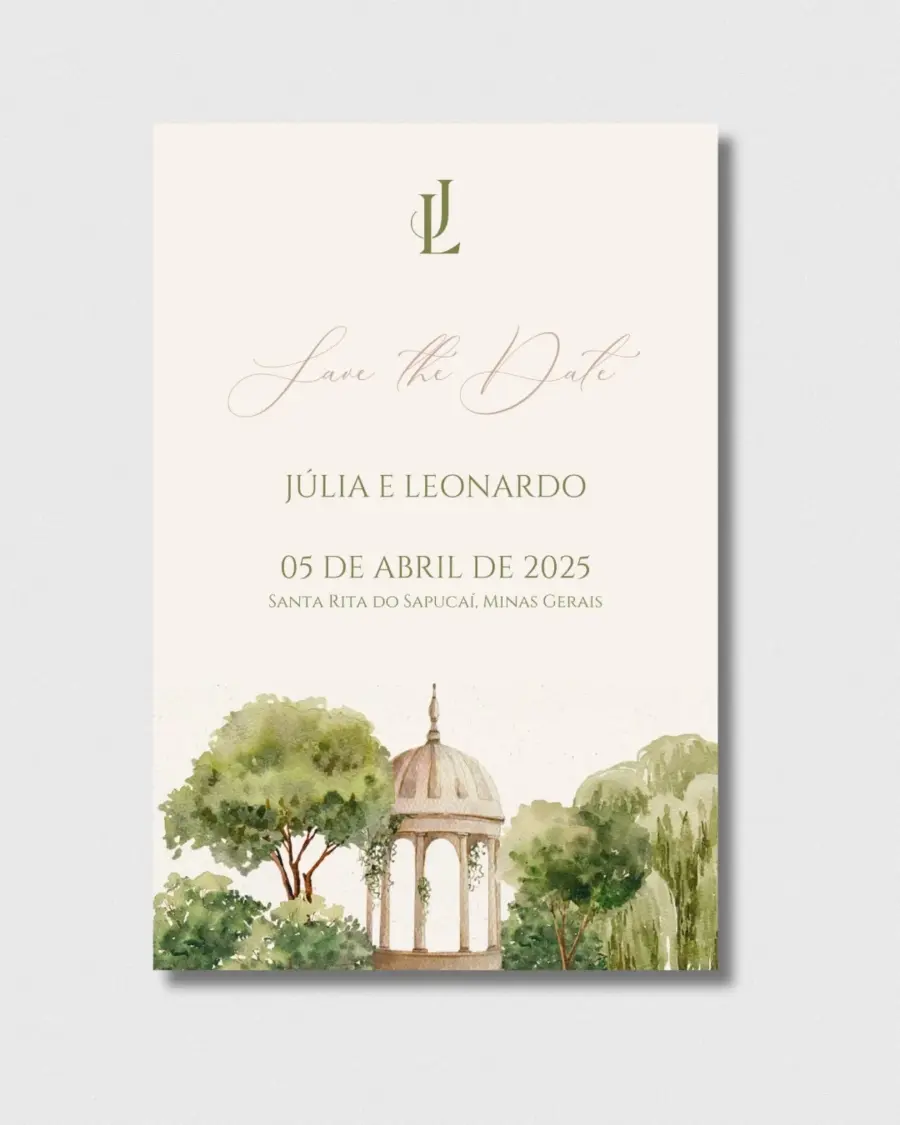 Convite “Save the Date” de Júlia e Leonardo em design minimalista com ilustração de gazebo e árvores em aquarela.