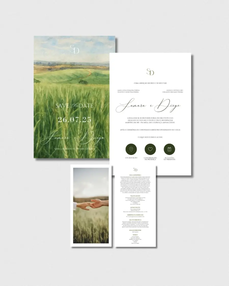 Convite e save the date de casamento em estilo campestre com paisagem em aquarela e elementos naturais personalizados para Samara e Diego.