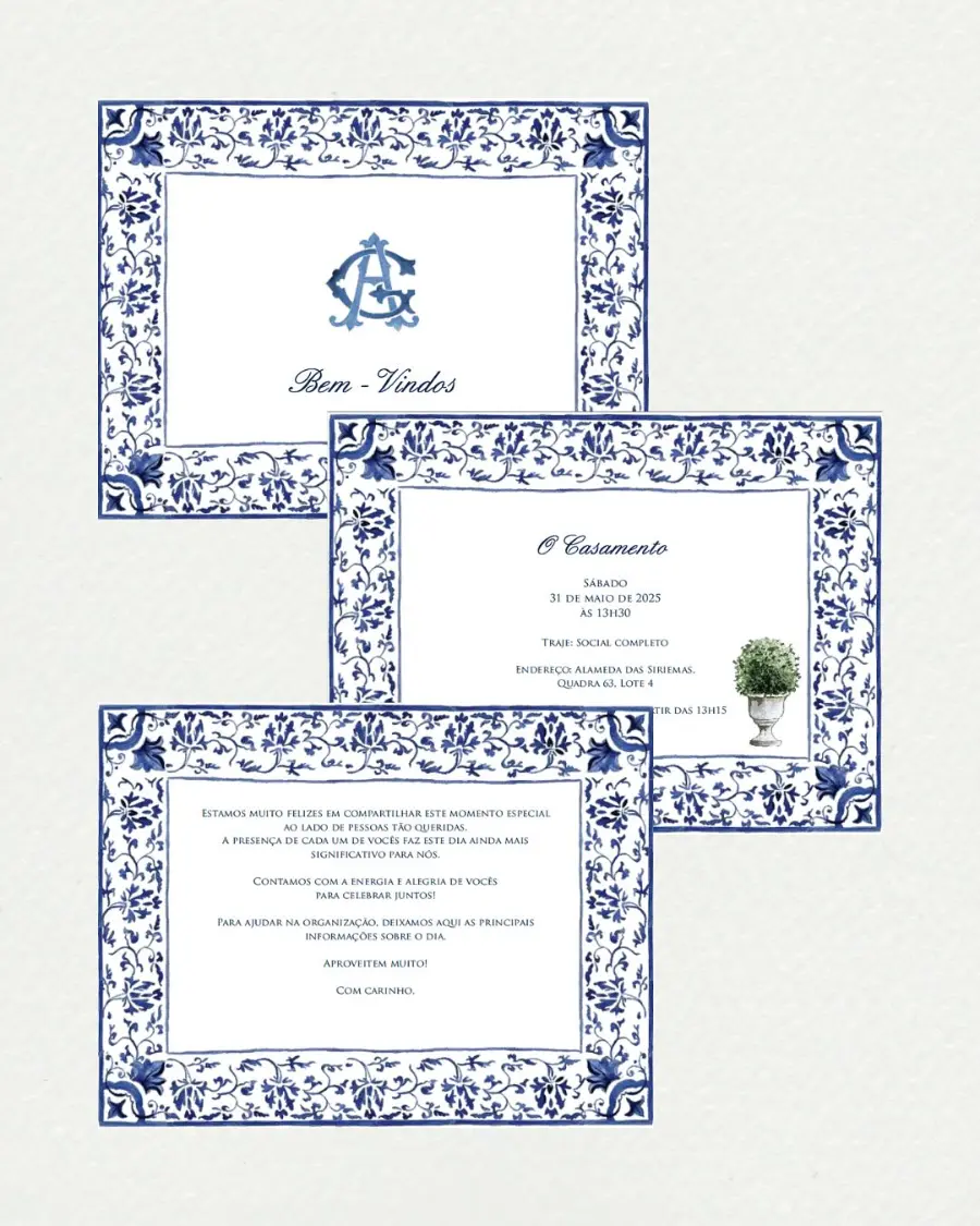 Convites de casamento em azul e branco com moldura inspirada em azulejo português e brasão personalizado com iniciais dos noivos.