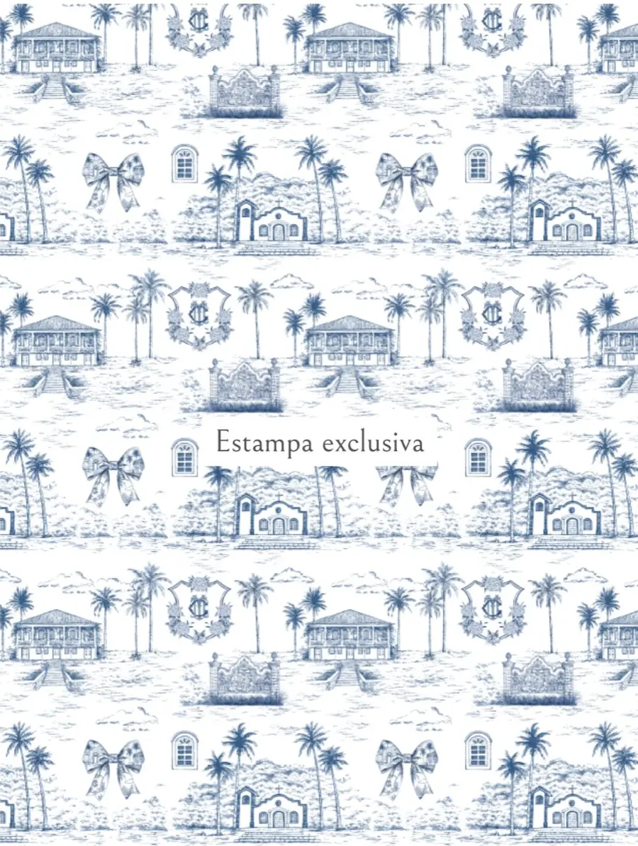 Estampa exclusiva azul e branca com ilustrações de casarão, coqueiros, laços e elementos inspirados em azulejo português para identidade visual de casamento.