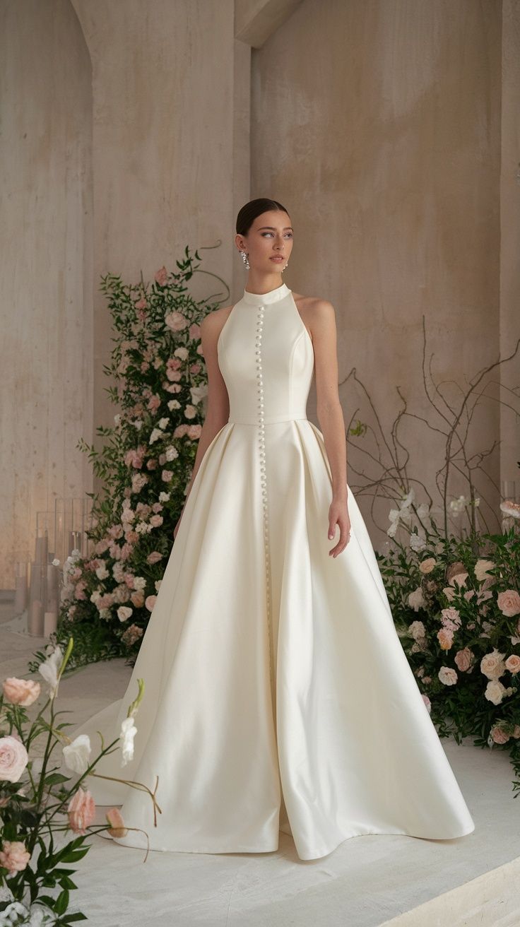 mulher com vetsdio de noiva minimalista com decote halter e botões