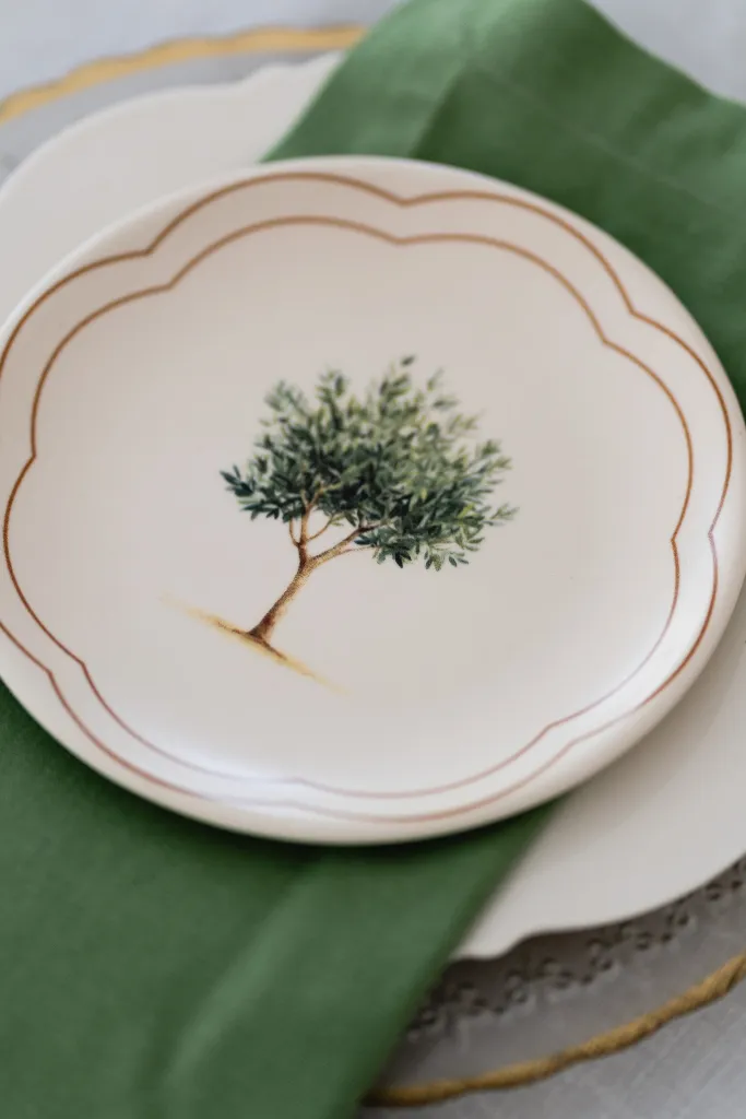mesa posta com prato com desenho de árvore